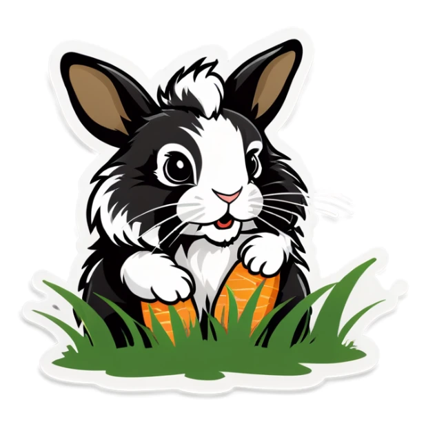 Black and white draft Lionhead, bunny eating a grass  ￼ sticker