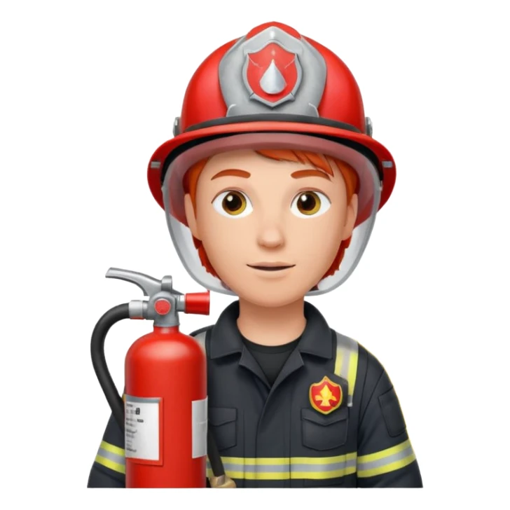 red haired Firefighter with respiratory protection with fire extinguisher sticker