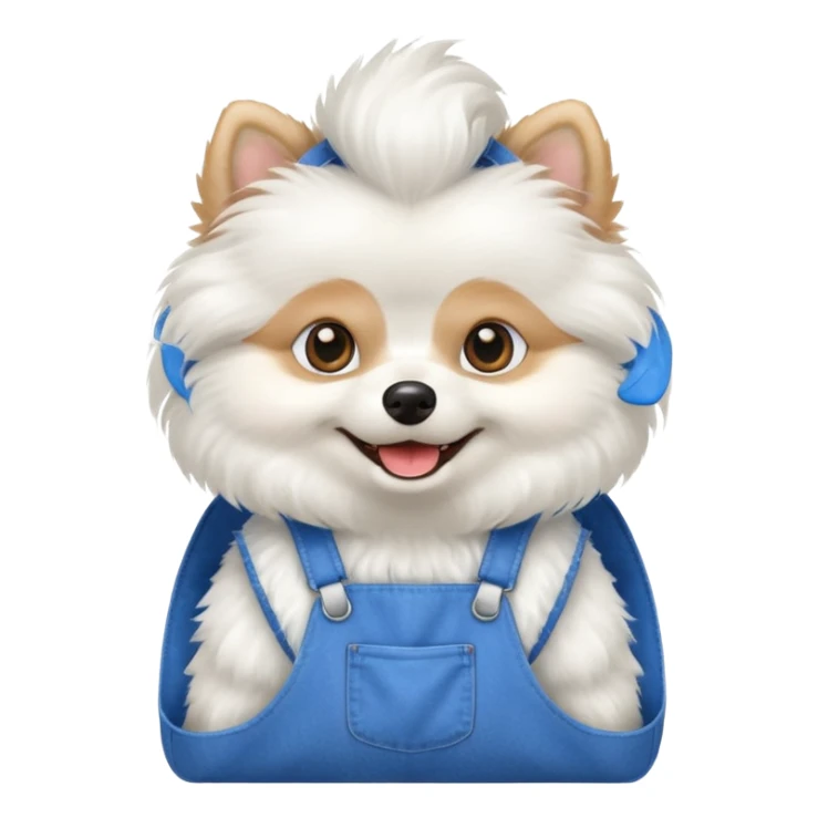 A white pomeranian wearing blue overalls sticker