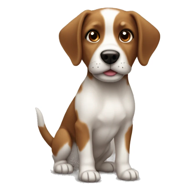Small brown and white dog with short floppy ears and small nose sticker