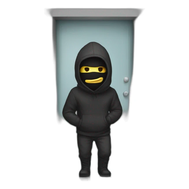 a man with a balaclava passing by a door that says bonda 69 sticker