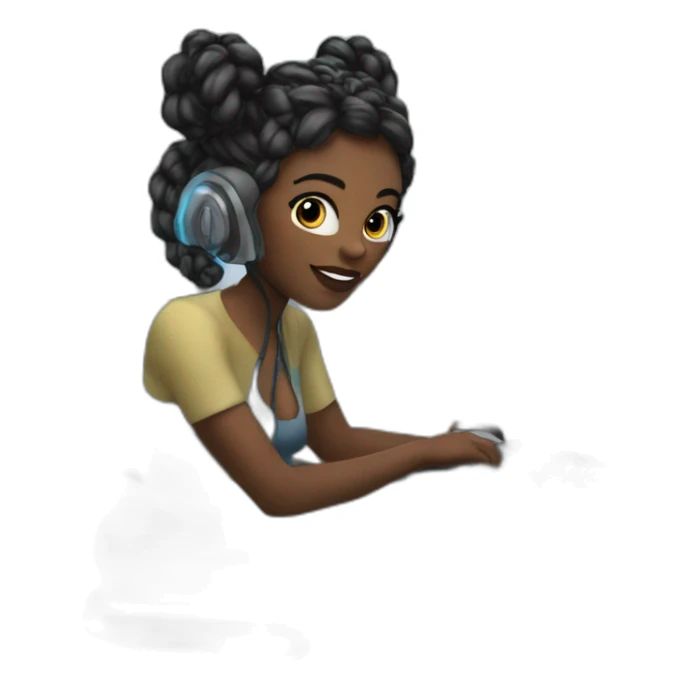 A black woman with space buns behind a computer screen, working in the field of technology sticker