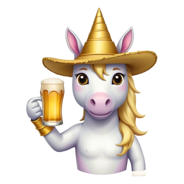 unicorn with a golden sambrero holding a beer sticker