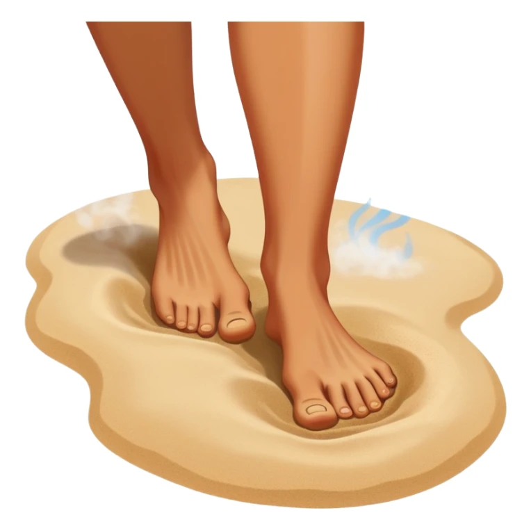 bare foot taking a step on extremely hot beach sand with heat waves and steam rising, showing discomfort without blood sticker