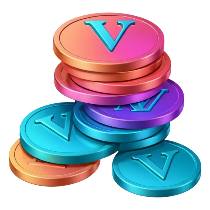 Stack of coins in gradient of turquoise, blue, pink, purple, and coral color with V letter sticker