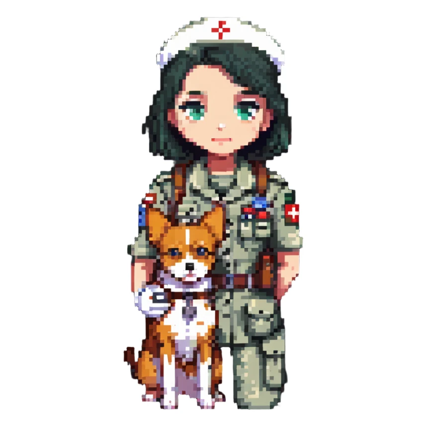 military girl, a medic with a small dog sticker
