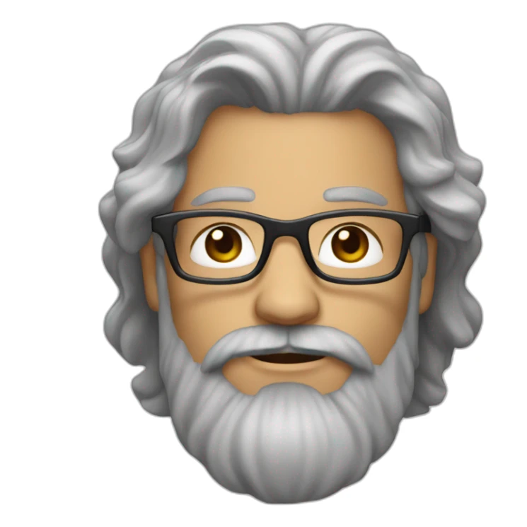 man with a beard and long dark curly hair, with square, red glasses and slightly gray hair and a grayer beard sticker