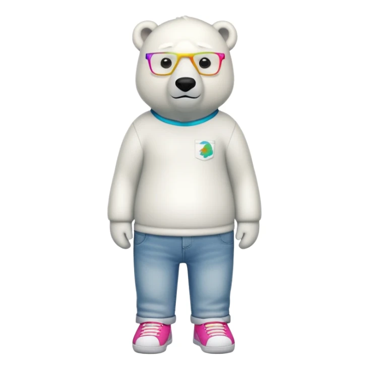 friendly anthropomorphised polar bear standing upright, looking chilled and unbothered, wearing a shirt, jeans, trainers, colorful glasses sticker