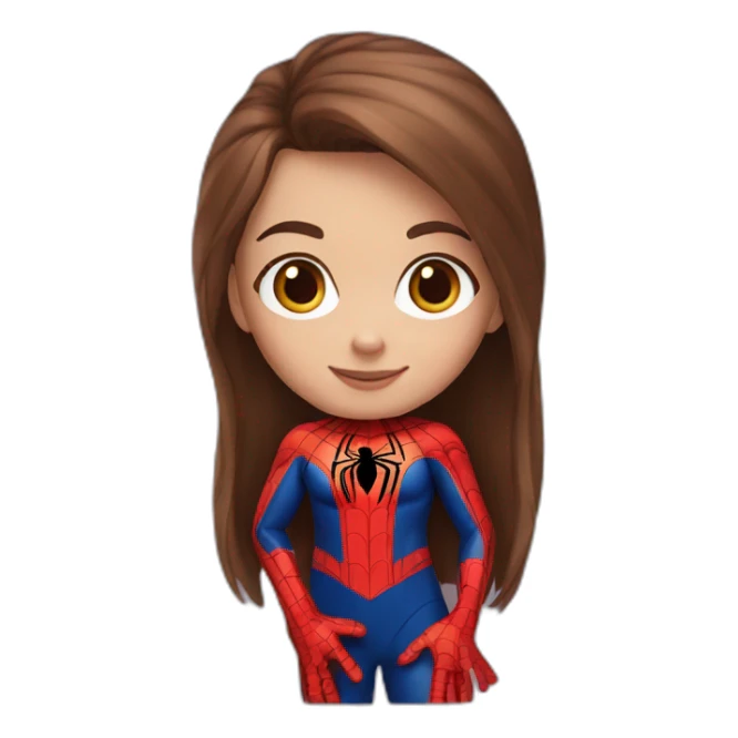 Girl with brown hair and spider-man suit sticker