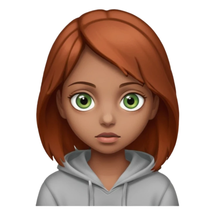 A girl with medium-length reddish-brown hair and hazel-green eyes, wearing a gray hoodie and holding an eyeball.  sticker