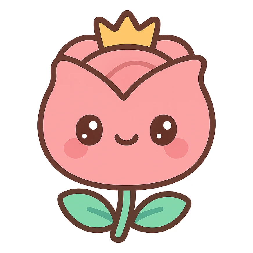 round smiling rose with a crown, cartoonish and cute, kawaii style sticker