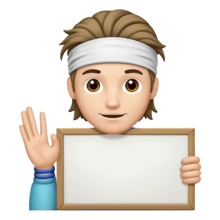 A hair band guy holding a large blank sign sticker