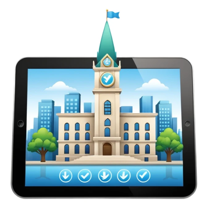 clean digital tablet with check mark and city hall icon, glossy sticker