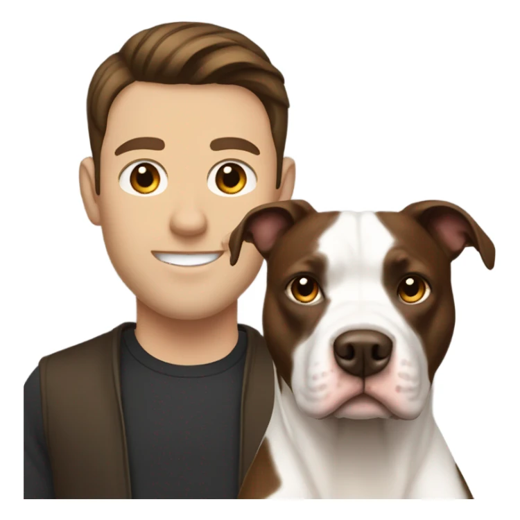 white male with dark brown hair standing alongside a white and brown pitbull sticker