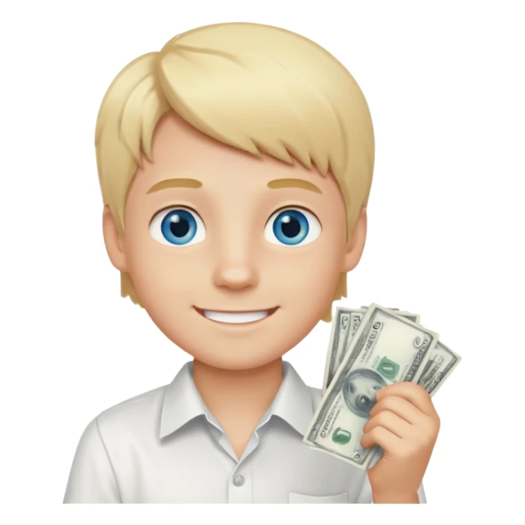 blonde boy, blue eyes, white shirt, holding money, smiling sticker