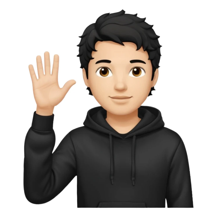 Now create man waveing with one hand with little bit wavey dark black hair with black hoodie on and make him light skin. his haircut is mid fade with hair on his forehead sticker