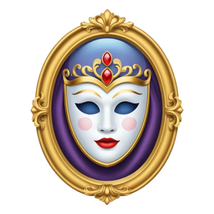 magic mirror on the wall from snow white. This is an oval mirror with golden borders with a white theater mask inside  sticker
