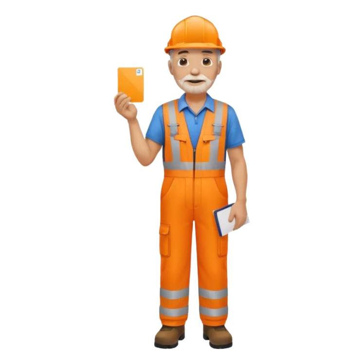 older engineer hi-vis orange overalls standing full body holding a card sticker