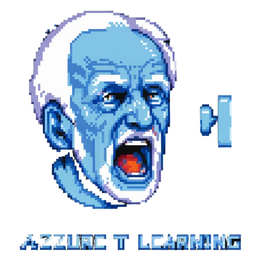 old man yelling at an abstract Azure Machine Learning logo sticker