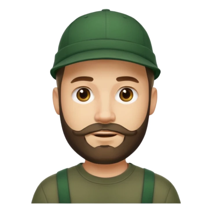 man with medium beard, short hair, wearing dark green cap, slight smile, clean and modern Apple emoji style sticker