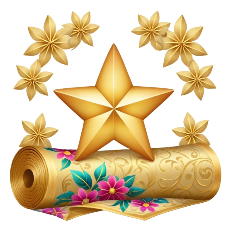 simple composition of a glowing sparkle or star shape in foreground with only a roll of patterned fabric behind it, no faces sticker