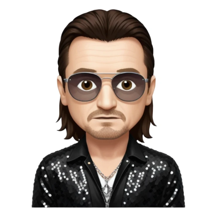 Bono from U2 with long dark brown hair, black sequin outfit  sticker