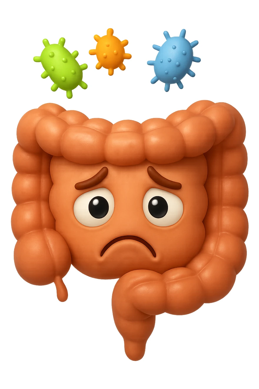 EMOJI STILE IPHONE 3D DI INTESTINO 3D CON ESPRESSIONE TRISTE  IN VOLTO MENTRE SOPRA LUI FLUTTUANO BATTERI, FAGLI ANCHE LA PARTE BIANCA DEGLI OCCHI, NON SOLO LA PUPILLA sticker