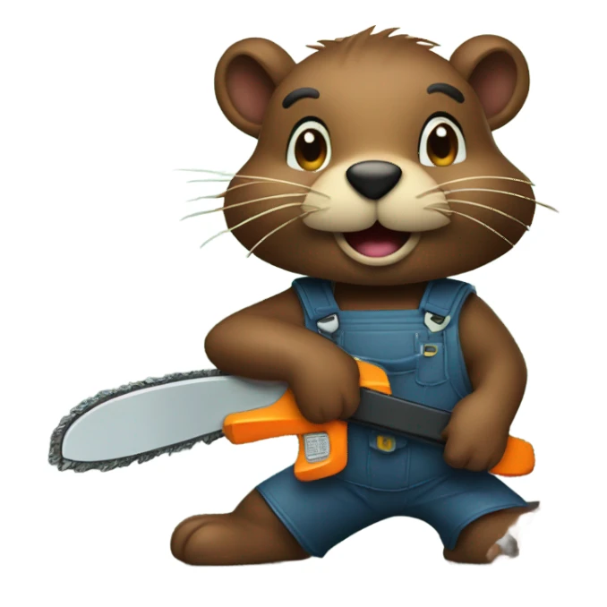 a beaver who is cutting the tree with the chainsaw sticker
