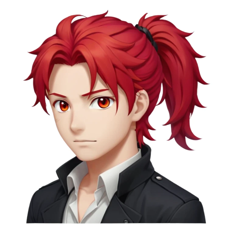 Handsome gorgeous anime man with bright-red hair, thick long messy wavy ponytail, red eyes, white shirt, black jacket, stone face, Diluc from Genshin Impact sticker