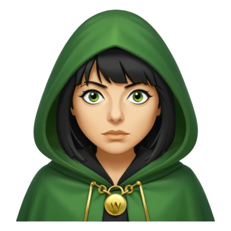 claudia winkleman with a heavy fringe and a fake tan as a traitor with a green hooded cloak with a gold clasp and dark black eyeliner sticker