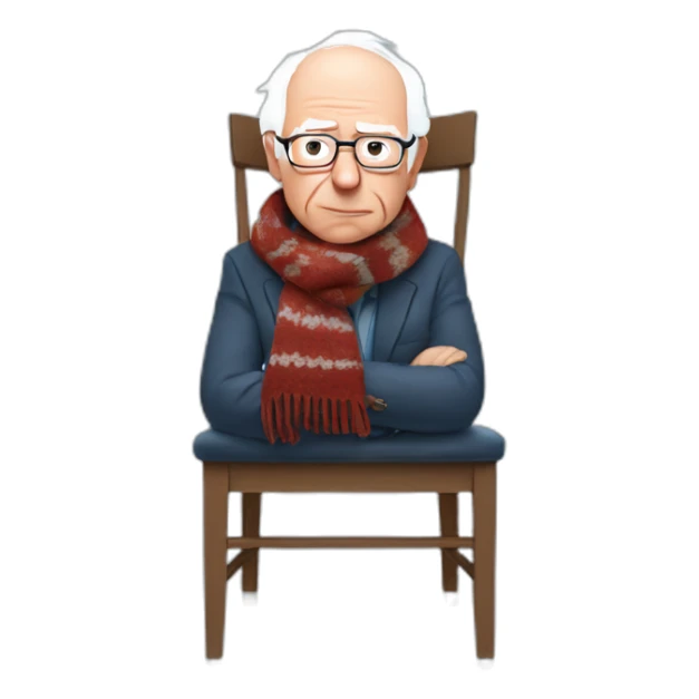 Bernie sanders freezing on chair wearing a scarf sticker