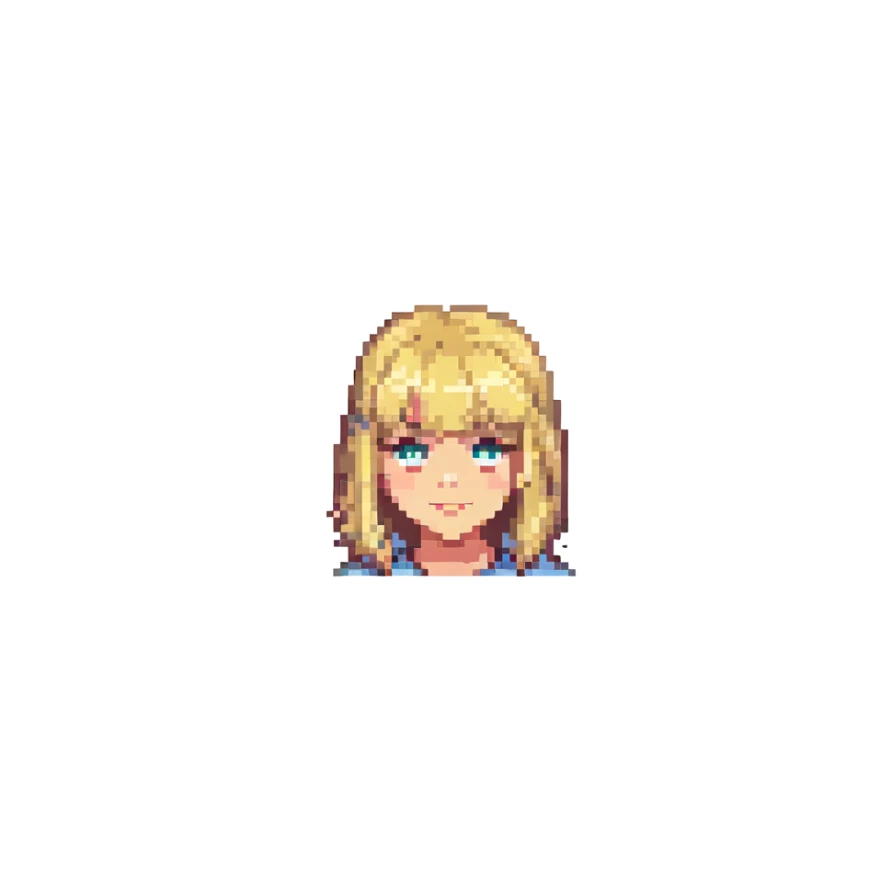 blonde girl with straight bangs, pixel art style sticker