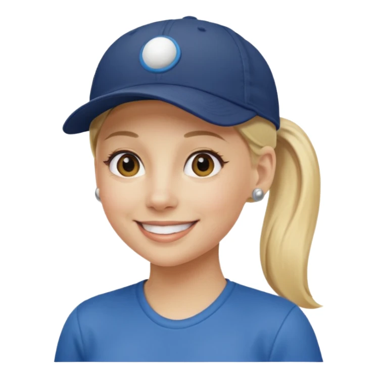 blond woman, pony tail, ball cap sticker