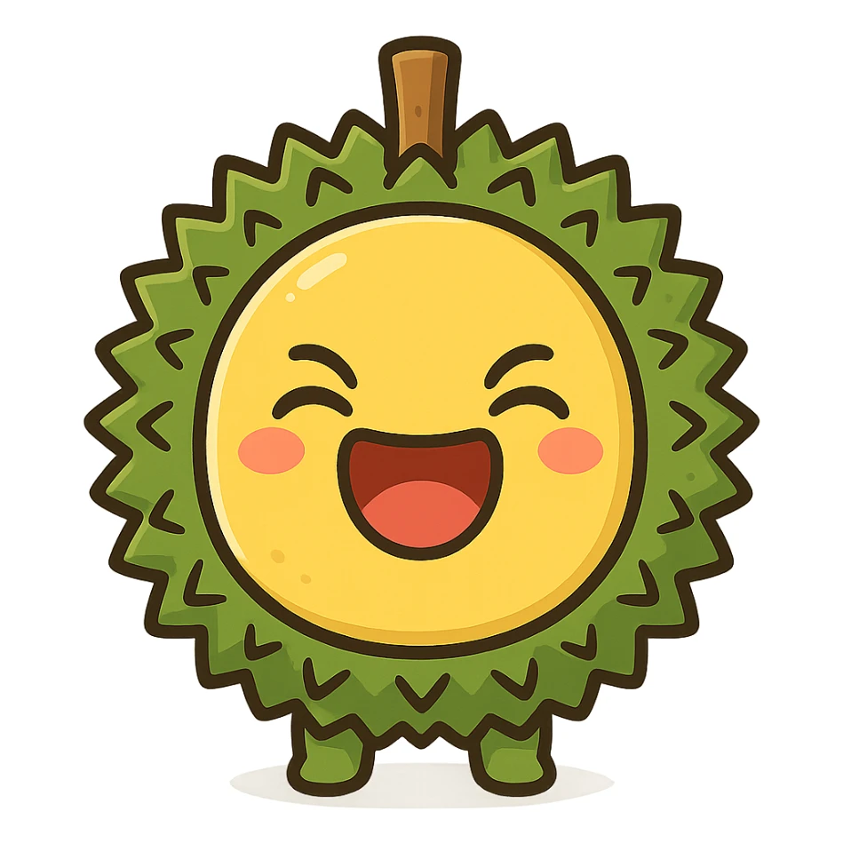 chibi style round durian character with green spiky shell and yellow flesh, laughing with eyes closed and mouth wide open, kawaii style, full-body sticker