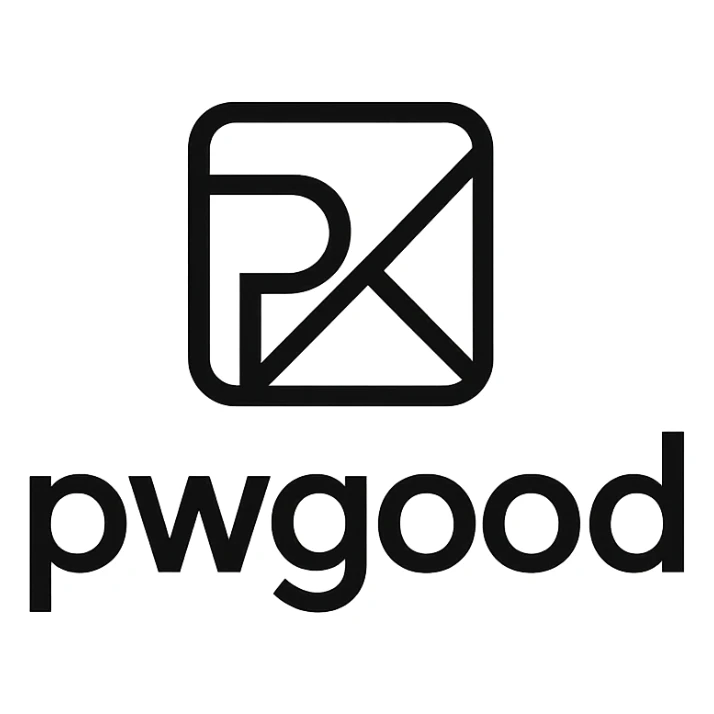 minimalist logo for 'pwgood' featuring an abstract symbol with clean lines, black and white color scheme sticker