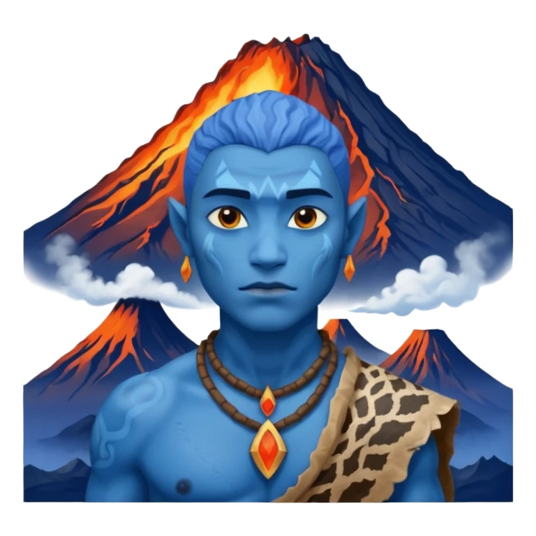 a Avatar blue skin wearing ancient animal skin cloth with volcano behind, half body, icon sticker