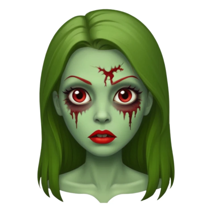 Zumbi feminino, de pele verde, cabelo longo liso e castanho. Labios vermelhos, rosto oval e cilios grandes sticker