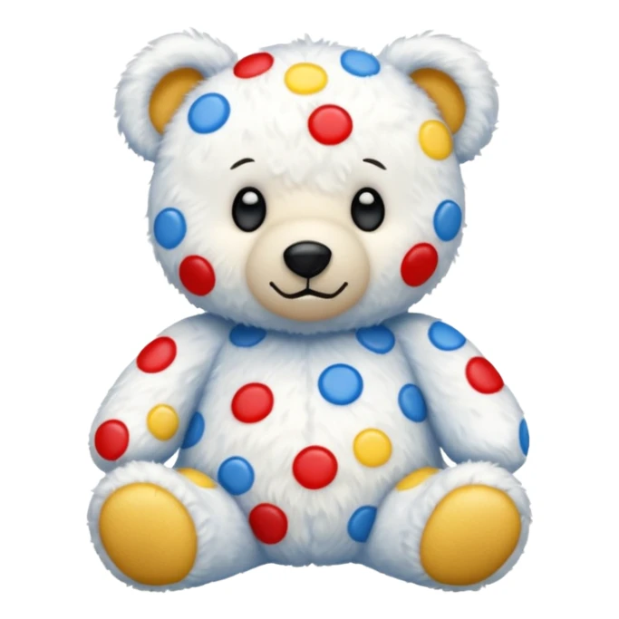 White teddy bear covered with blue, red and yellow spots sticker