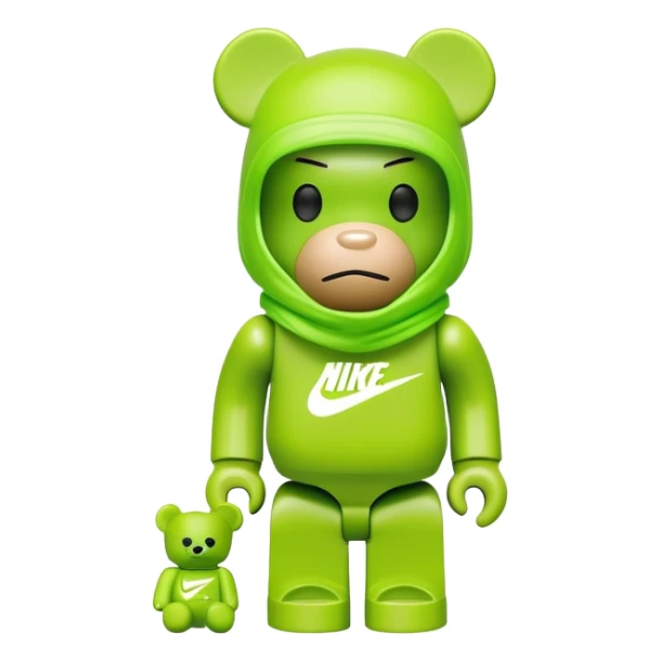 bearbrick toy wearing a lime green balaclava with a Nike swoosh logo sticker