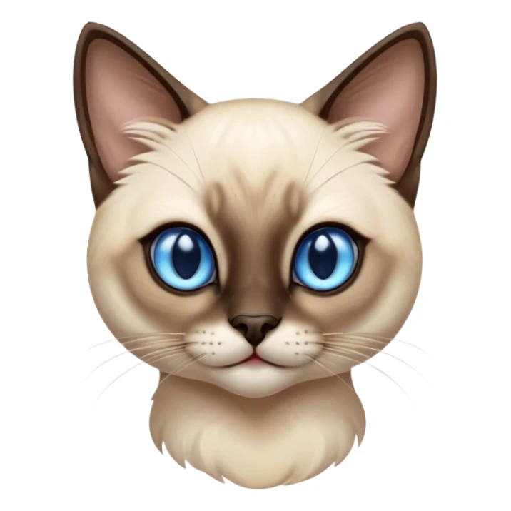 Cinematic Cute Siamese Cat Portrait Emoji, Head tilted playfully and inquisitively, sleek cream-colored fur with rich, contrasting dark points on the ears, face, paws, and tail, striking sapphire-blue eyes, Simplified yet irresistibly adorable features, highly detailed, glowing with a warm, friendly glow, high shine, affectionate and curious, stylized with a touch of whimsy, bright and endearing, soft glowing outline, capturing the essence of a mischievous yet loving kitten, so playful it feels like it could pounce out of the screen and into your arms! sticker