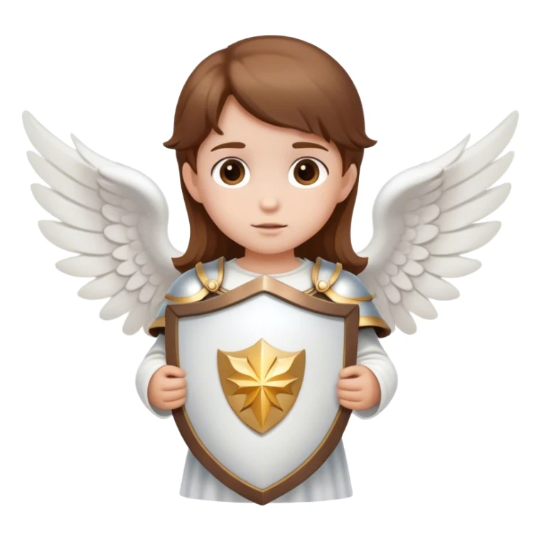 little angel with brown hair and a white shield sticker