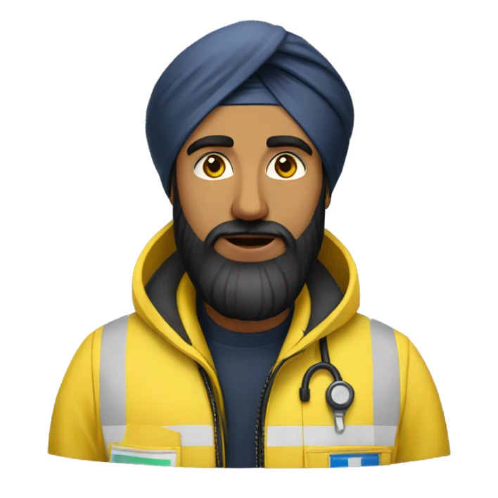 Sikh man with beard wearing a black turban and a yellow paramedic jacket sticker