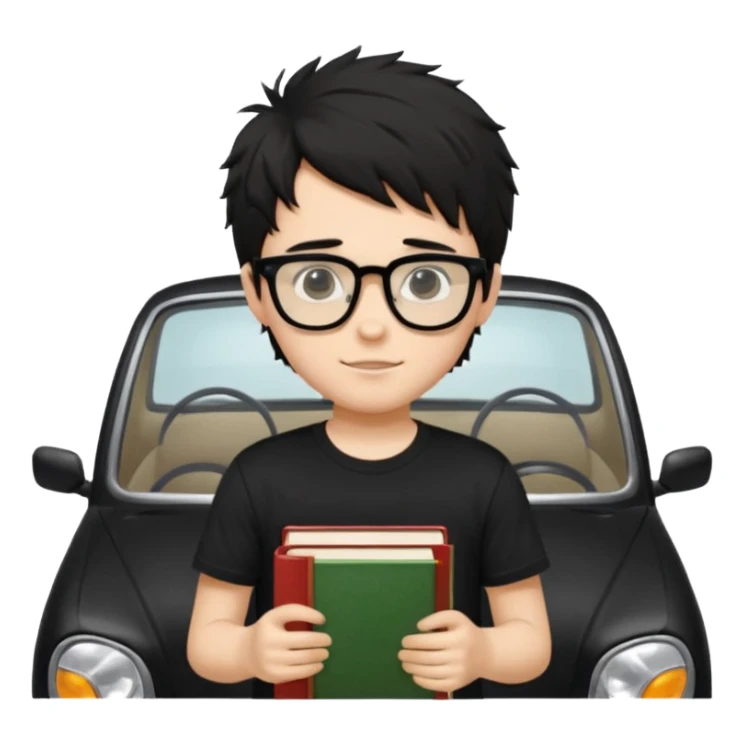 generate a pretty bratz fair skinned boy with black messy hair wearing a black tshirt driving. Glasses on. holding books sticker