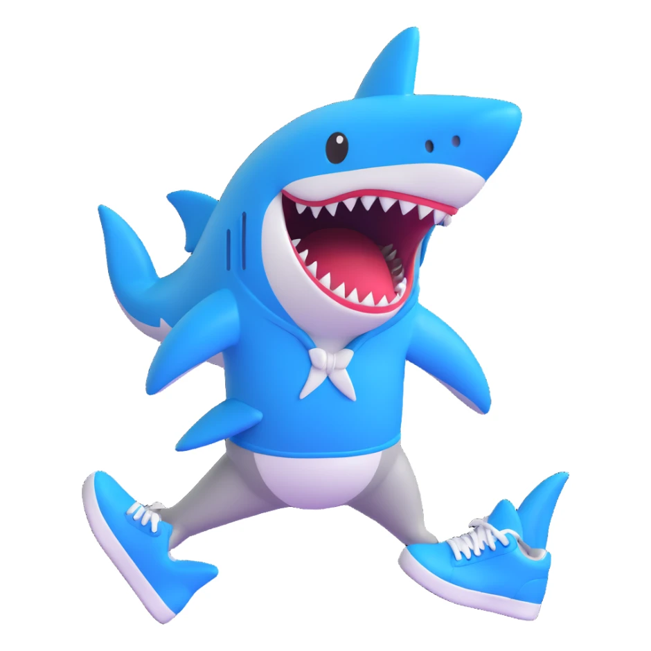 shark with legs and blue sneakers, emoji style, transparent background sticker