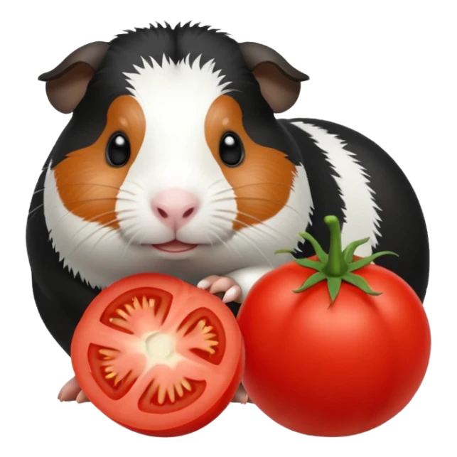 Black and white guinea pig eating tomato sticker