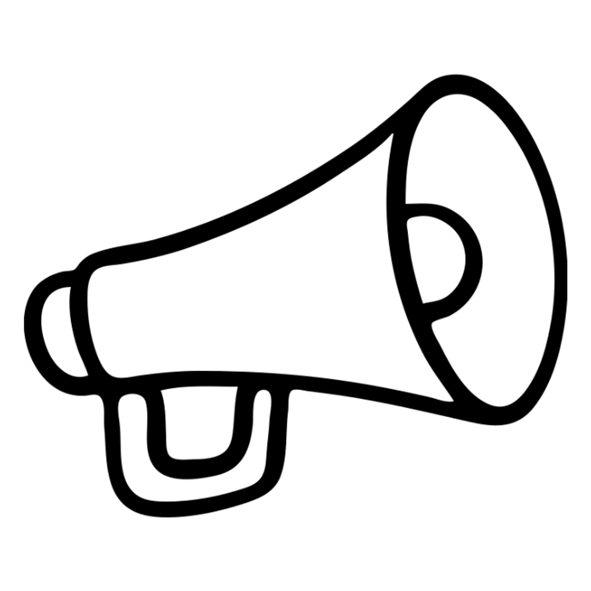 A hand-drawn megaphone or bullhorn icon with handle sticker