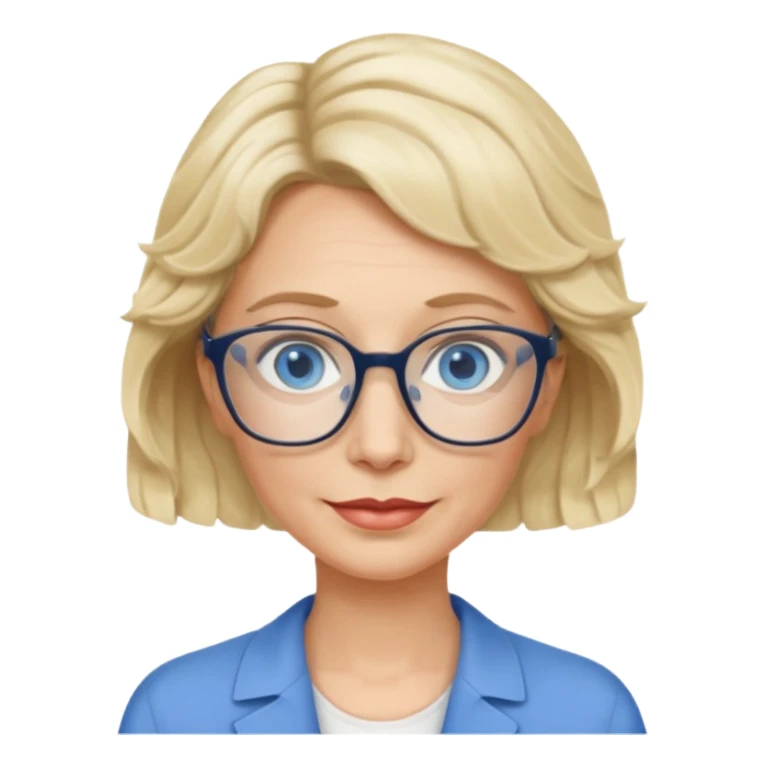 woman 60 very short weavy blonde haire, rectangle glases, blue eyes sticker