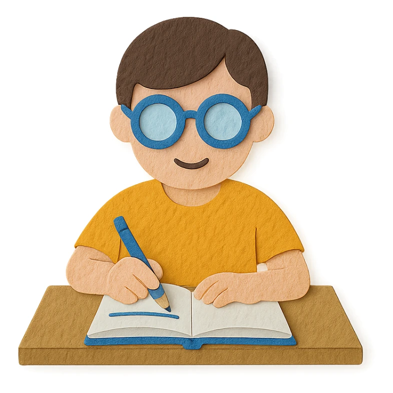 student studying, paper craft style, three-dimensional paper texture, desk and notebook sticker