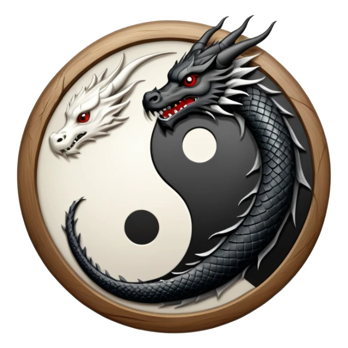 An icon symbolizing Eastern martial arts in the style of an emblem, featuring a black-and-white Yin-Yang symbol and a dragon at the center, surrounded by elements like a dojo. Transparent background highlights balance and power. sticker