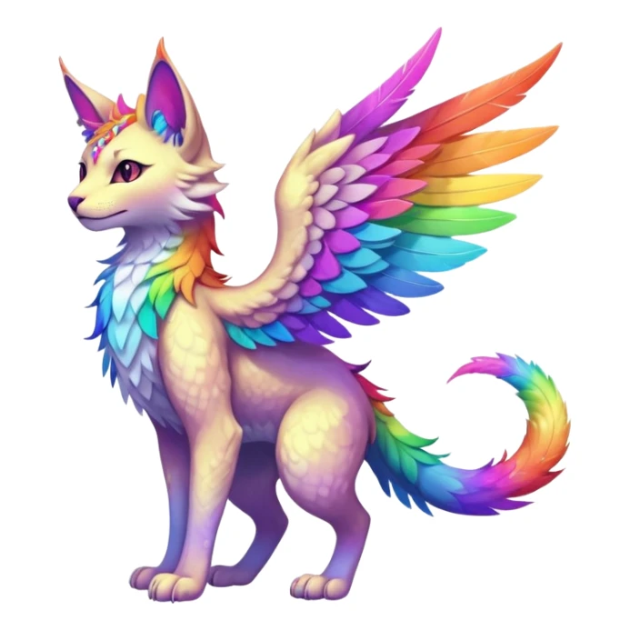 Kawaii neon colorful with divine celestial feather-wing-ears rainbow iridescent fantasy ethereal feline-vernid-sergal-fursona animal creature with a tufted tail full body with intricate markings sticker